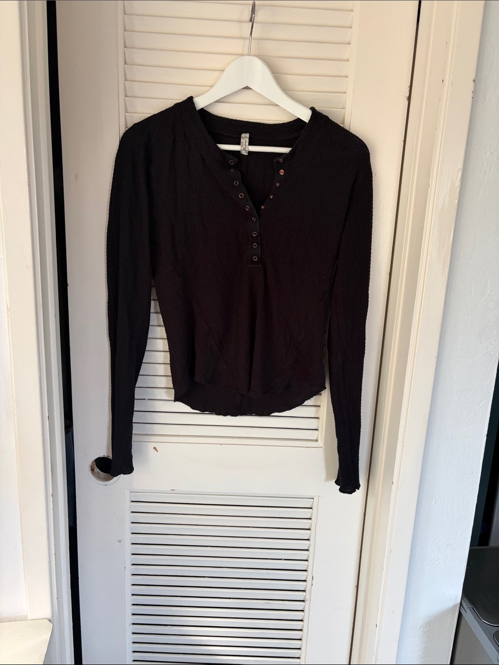 Free People Black Ribbed Henley Long Sleeve Top